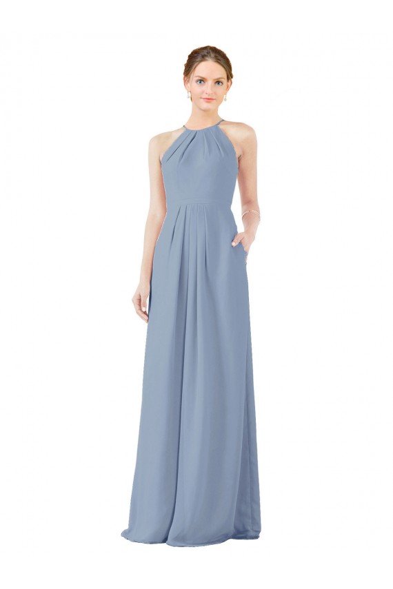 Soft Chiffon Sheath Long Sleeveless Dusty Blue Keyhole Back Bridesmaid Dress Sheffield