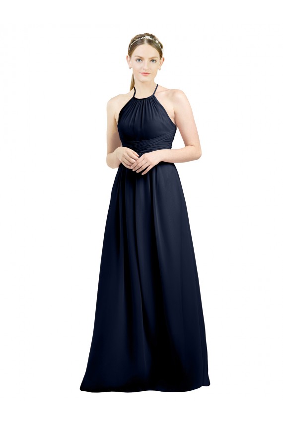 Soft Chiffon A-Line Long Sleeveless Dark Navy Open Back Evening Gowns / Bridesmaid Dress Sheffield